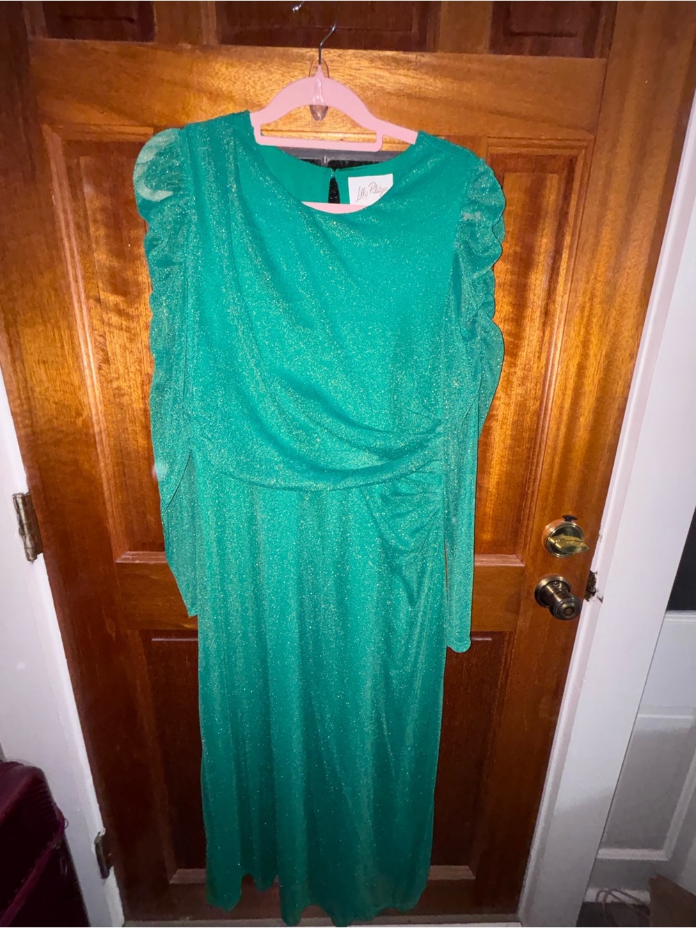Lilly Pulitzer Women’s Lg. Emerald Green Sparkle Gold Midi Dress #glowing #flowy